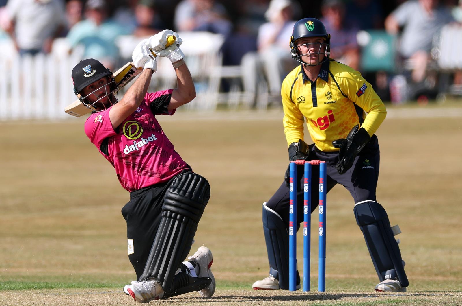Fynn Hudson-Prentice goes on the attack during his half-century against Glamorgan at Neath.