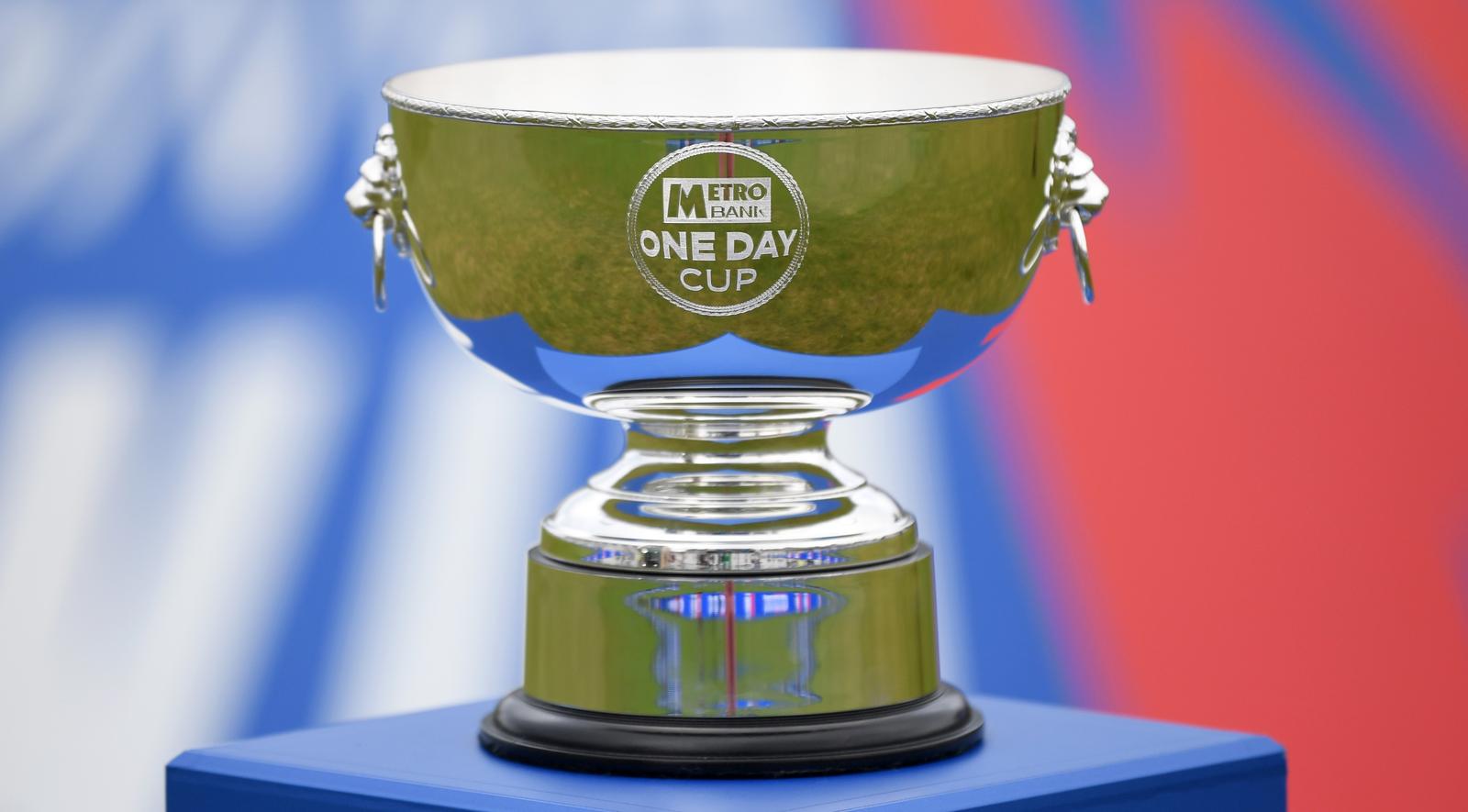NOTTINGHAM, ENGLAND - SEPTEMBER 16: Metro Bank One Day Cup trophy ahead of the Metro Bank One Day Cup Final between Leicestershire Foxes and Hampshire at Trent Bridge on September 16, 2023 in Nottingham, England. (Photo by Gareth Copley/Getty Images)